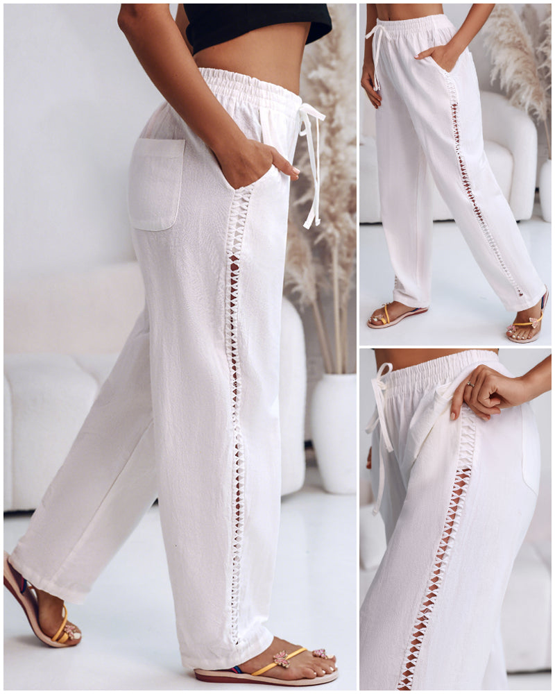 Elastic Drawstring Waist Pants with Side Pockets