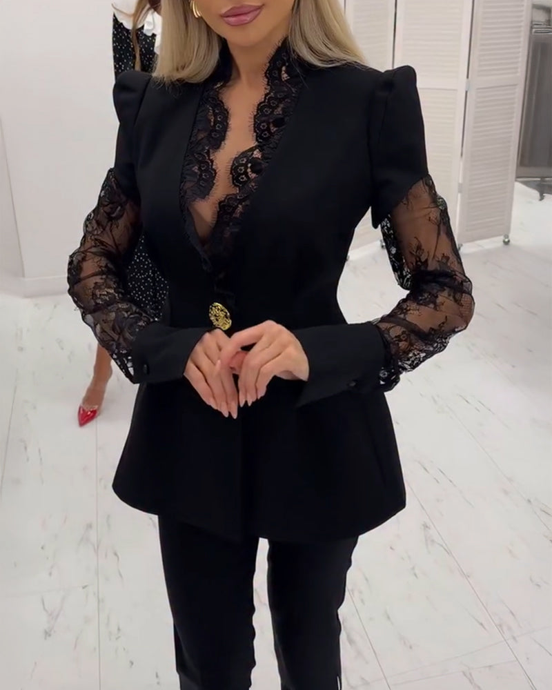 V-Neck Puff Sleeve A-Line Blazer with Eyelash Lace Trim