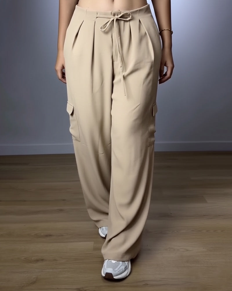 High-Waist Cargo Trousers with Pleats and Flap Pockets