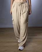 High-Waist Cargo Trousers with Pleats and Flap Pockets