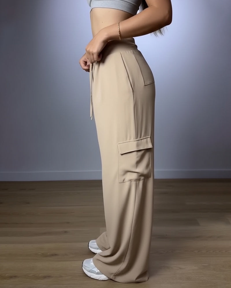 High-Waist Cargo Trousers with Pleats and Flap Pockets