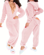 LA FINE FLEUR Buttoned Ear Flap Lounge Jumpsuit with 3D ear hood and back flap.