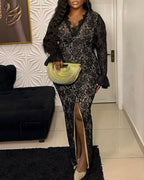 Elegant V-Neck Lace Long Sleeve Slim Maxi Dress