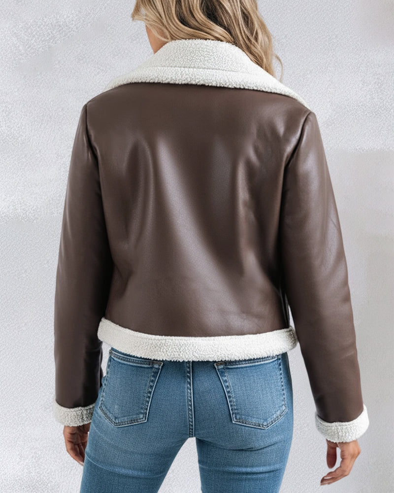 Faux Leather Shearling-Trimmed Zip-Up Thermal Biker Jacket