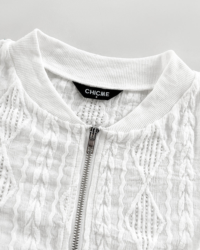 Lightweight bomber jacket with ribbed collar, silver zipper, and diamond wavy jacquard fabric.