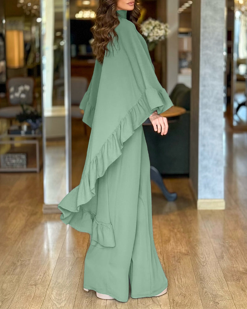 Sage green high-neck cape with ruffles paired with wide-leg pants, two-piece set.