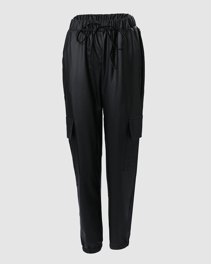 Drawstring Elastic Waist PU Leather Pants with Pocket