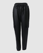 Drawstring Elastic Waist PU Leather Pants with Pocket
