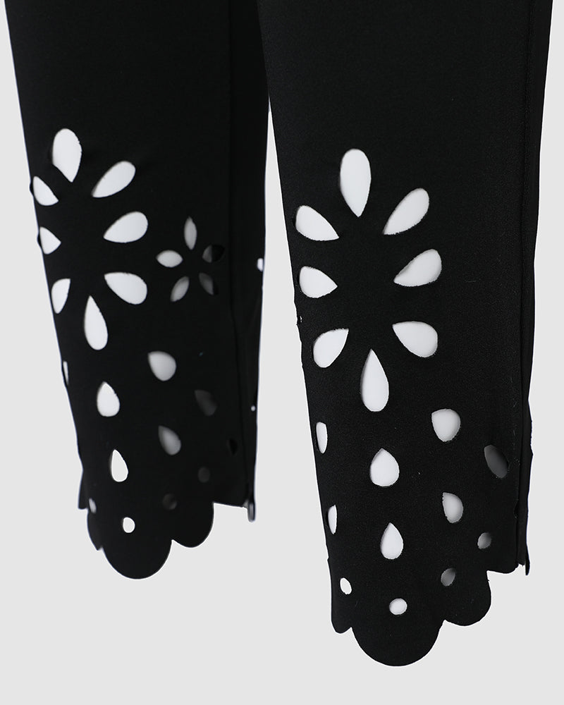 Floral Cut-Out Asymmetrical Skinny Pants with Elastic Waist