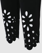 Floral Cut-Out Asymmetrical Skinny Pants with Elastic Waist