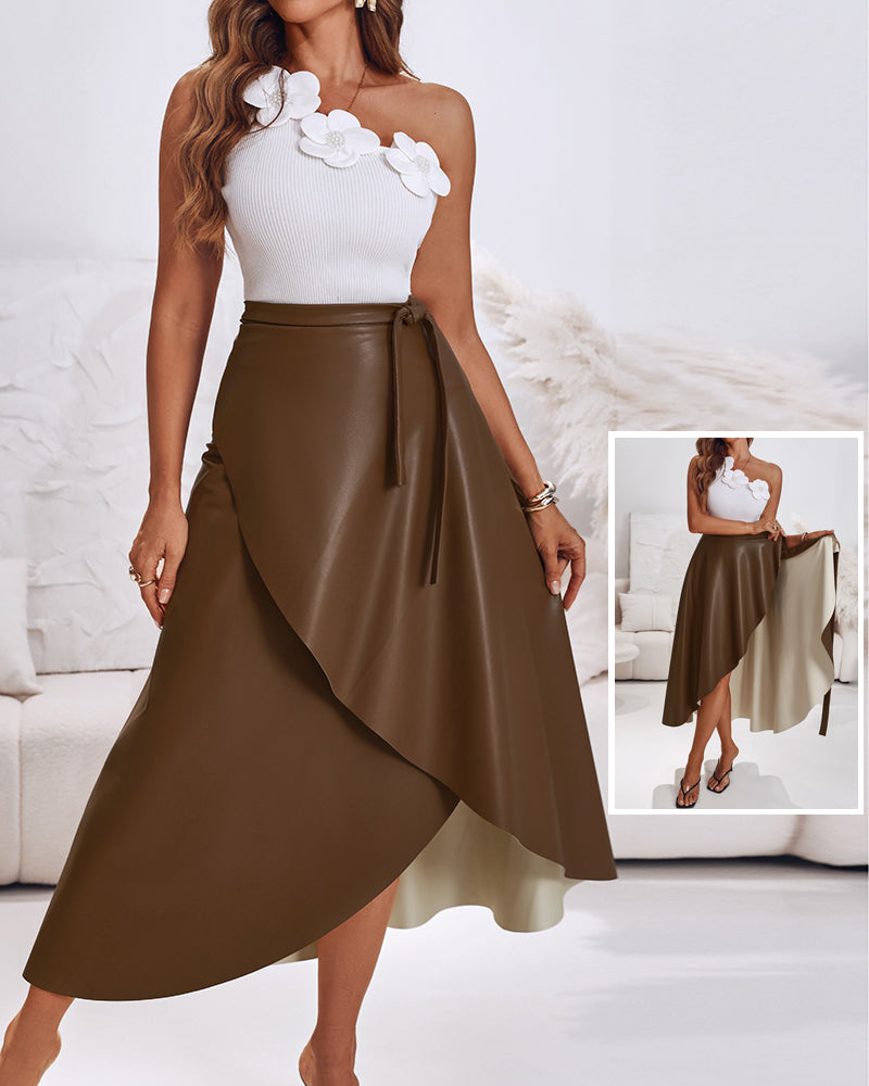 PU Leather Lace-Up Mid-Length Casual Skirt