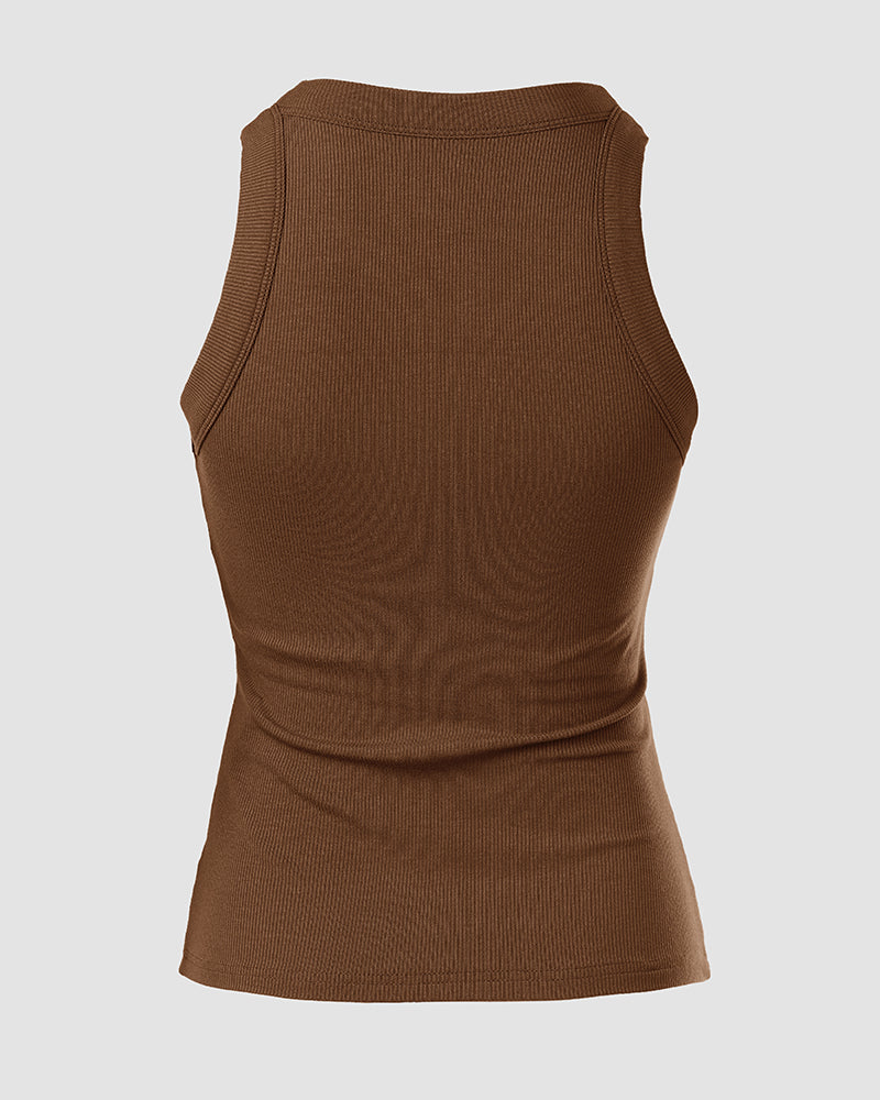 Ribbed Tank Top with Built-In Bra and Round Neck