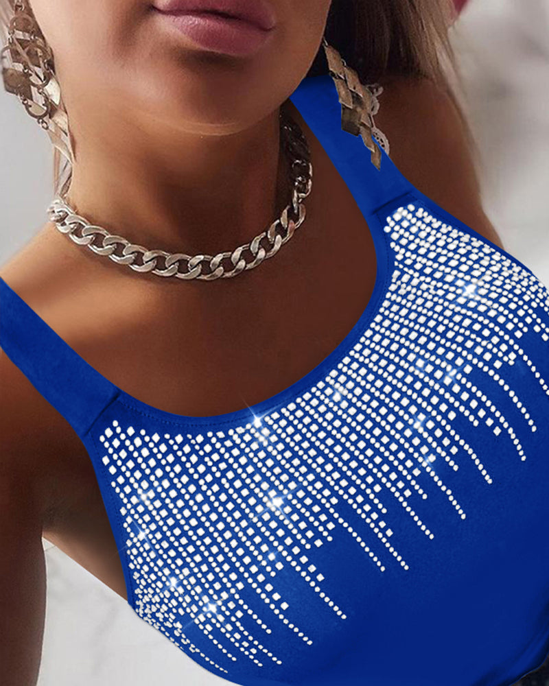Round Neck Embellished Rhinestone Skinny Tank Top