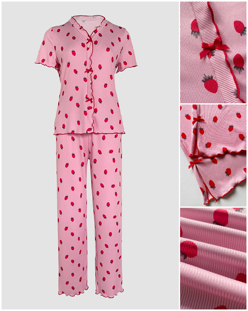 Strawberry print pajama set with short-sleeve stand collar tee, long pants, red bow buttons.