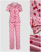 Strawberry print pajama set with short-sleeve stand collar tee, long pants, red bow buttons.