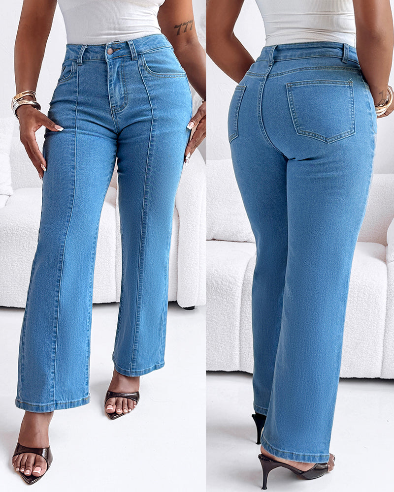 Seam Front Zip-Fly High Waist Straight Denim Jeans