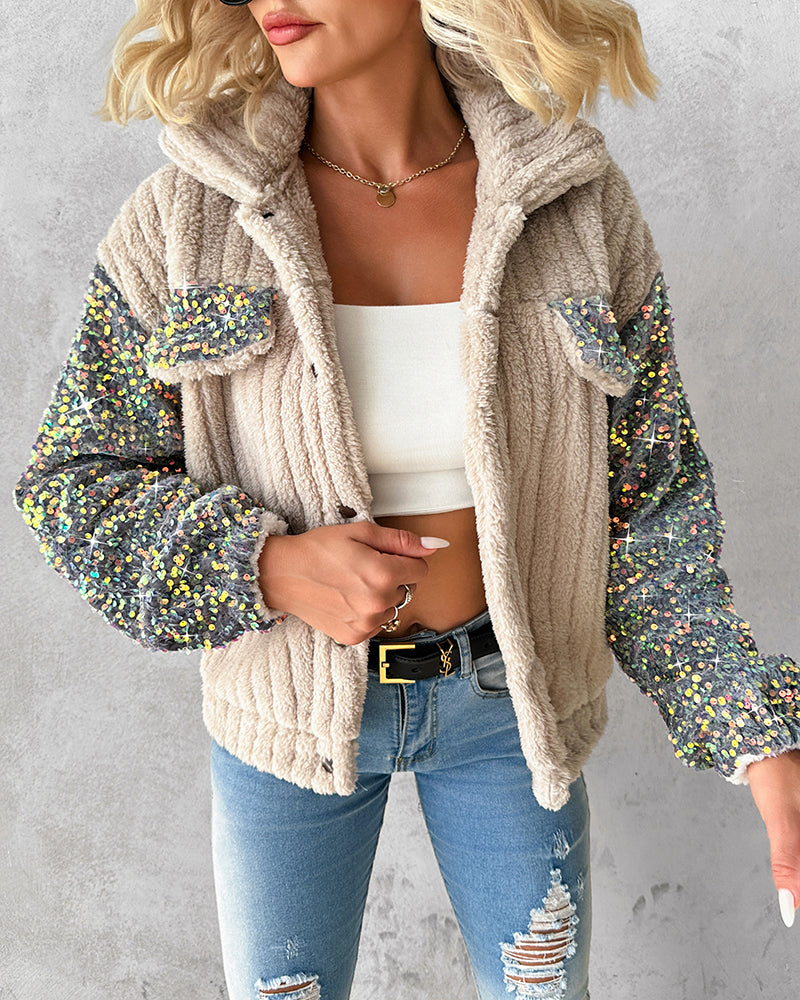 LA FINE FLEUR Turn-Down Collar Teddy Jacket with Sequin Patch, white crop top, distressed blue jeans.