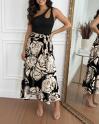 Colorblock Floral Skirt with Lace-Up and Asymmetrical Hem