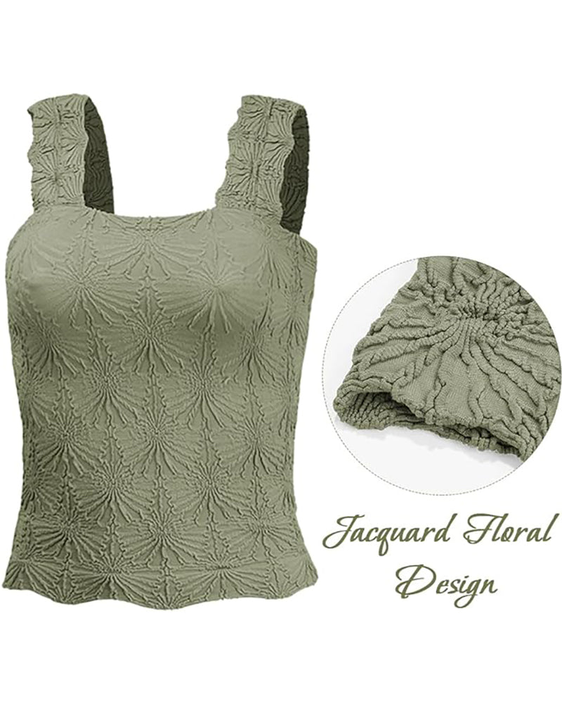 Floral Jacquard Square Neck Crop Top with Thick Straps