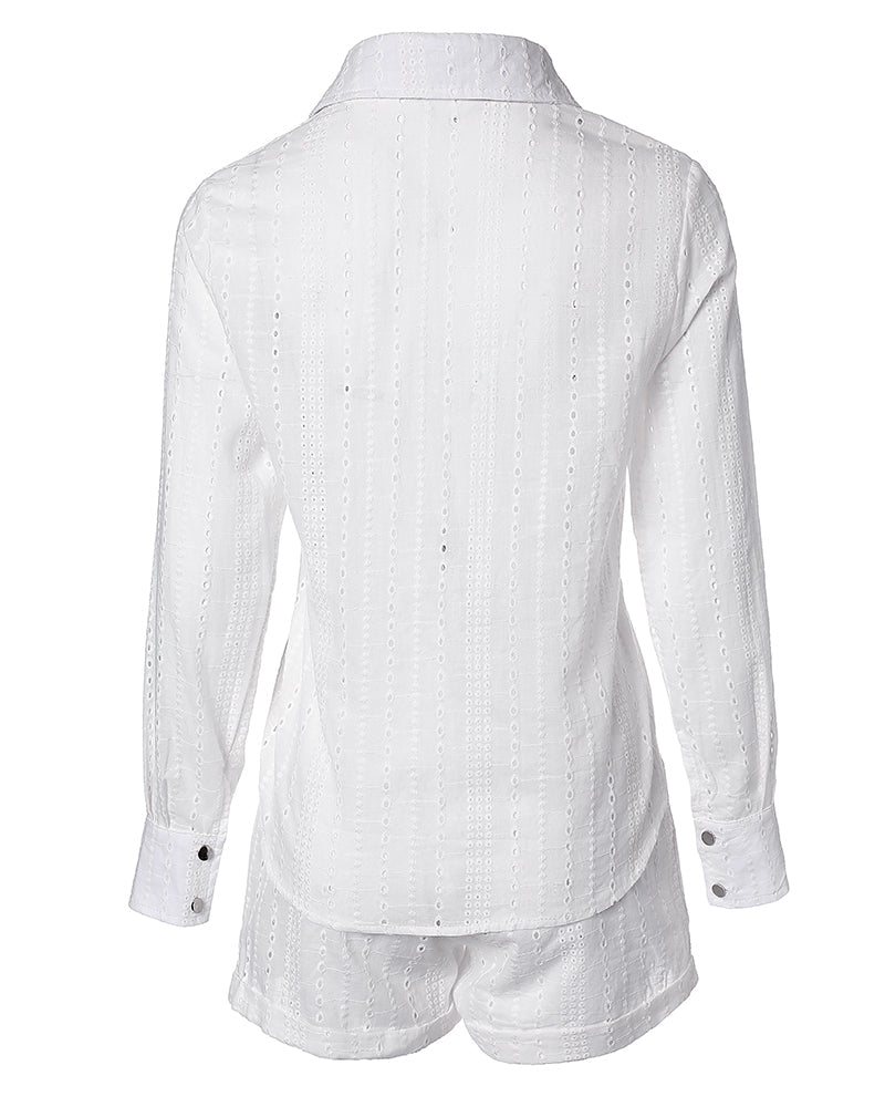 Eyelet Embroidered Top with Coordinating Elastic Shorts Set
