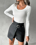 High Waist Faux Leather Skorts with Buckle Detail