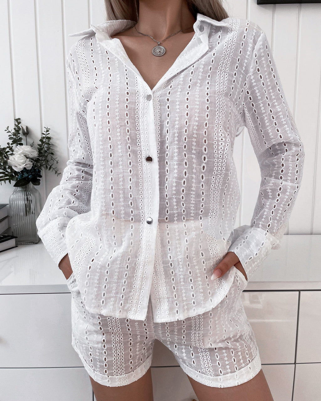 Eyelet Embroidered Top with Coordinating Elastic Shorts Set