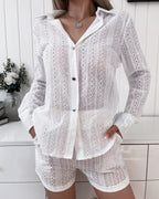 Eyelet Embroidered Top with Coordinating Elastic Shorts Set