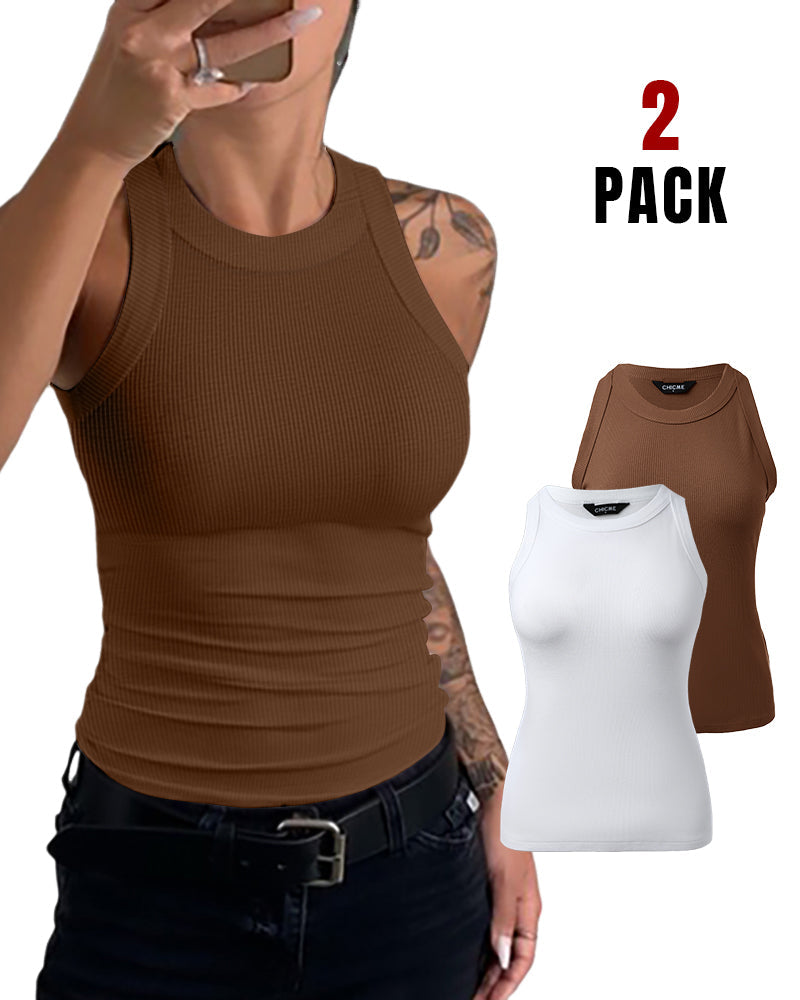 2-Pack Ribbed Racerback Tank Tops, Round Neck, No Bra Pads