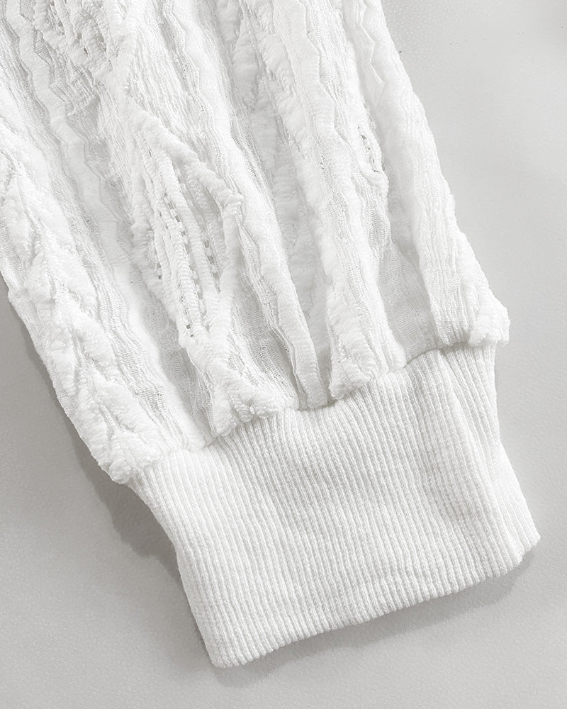 Jacquard diamond pattern lightweight bomber jacket with hollow-out textured white fabric and ribbed cuff.