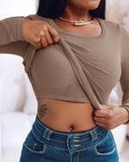Built-In Bra U-Neck Tee Long Sleeve Stretchy Knit Top