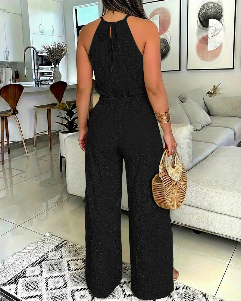 LA FINE FLEUR 2-Piece Halter Top and Slit Pants Set with Guipure Lace detailing.