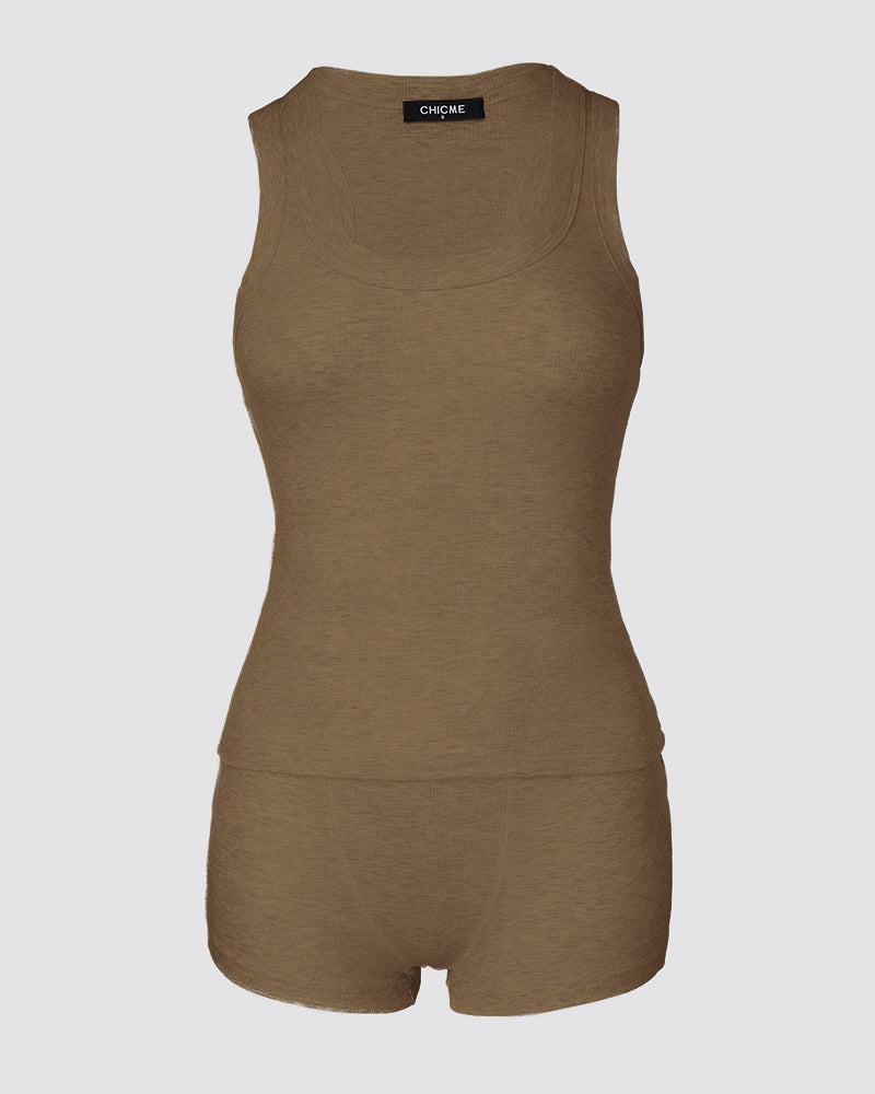 Micro-ribbed U-neck tank and boxer lounge set with a comfortable, modern design.