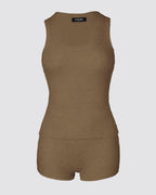 Micro-ribbed U-neck tank and boxer lounge set with a comfortable, modern design.