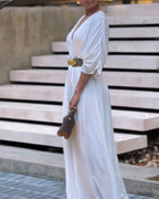 Deep V-Neck Jumpsuit with Ruched Sleeves and Waist Ties
