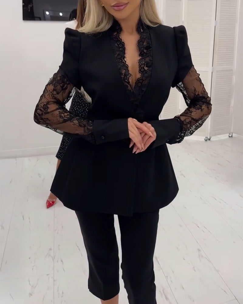 V-Neck Puff Sleeve A-Line Blazer with Eyelash Lace Trim