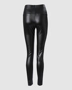 Rhinestone Mesh Accented High Waist PU Leather Pants