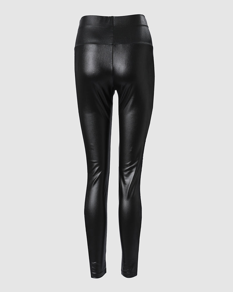 Rhinestone Mesh Accented High Waist PU Leather Pants