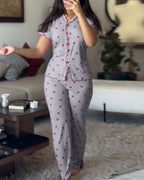 Strawberry Print Pajama Set featuring a stand collar tee and matching pajama bottoms.