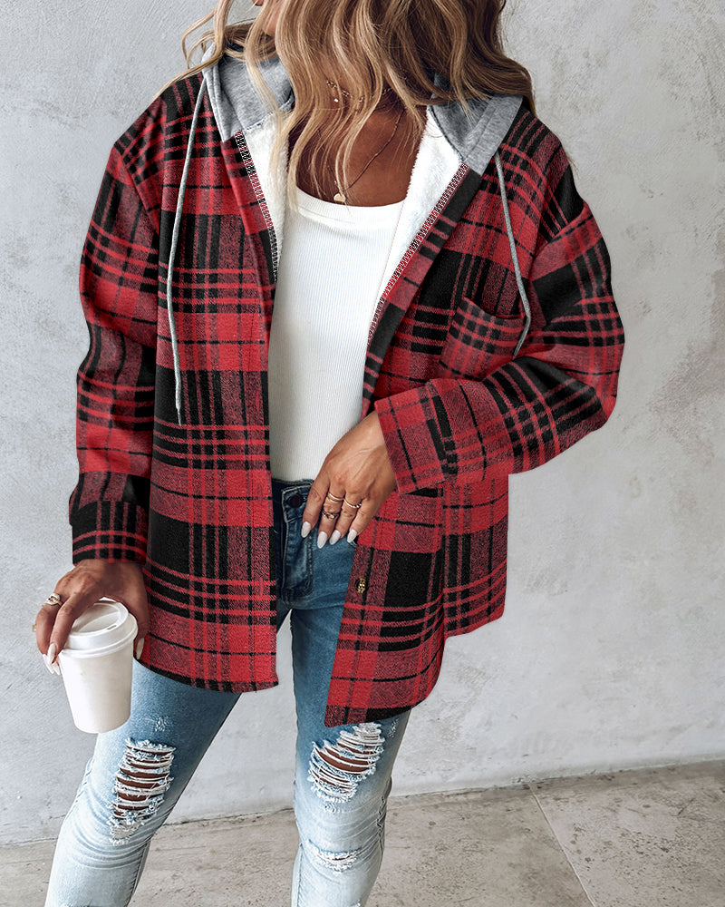 LA FINE FLEUR plaid button-up hoodie with asymmetrical hem, thermal lining, white top, ripped blue jeans.