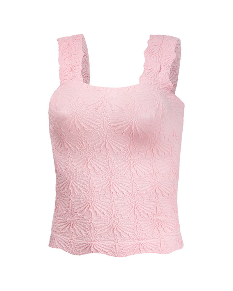 Floral Jacquard Square Neck Crop Top with Thick Straps