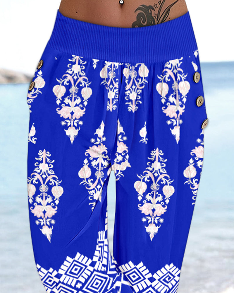 Tribal Print Capris with Button Accents and Pockets