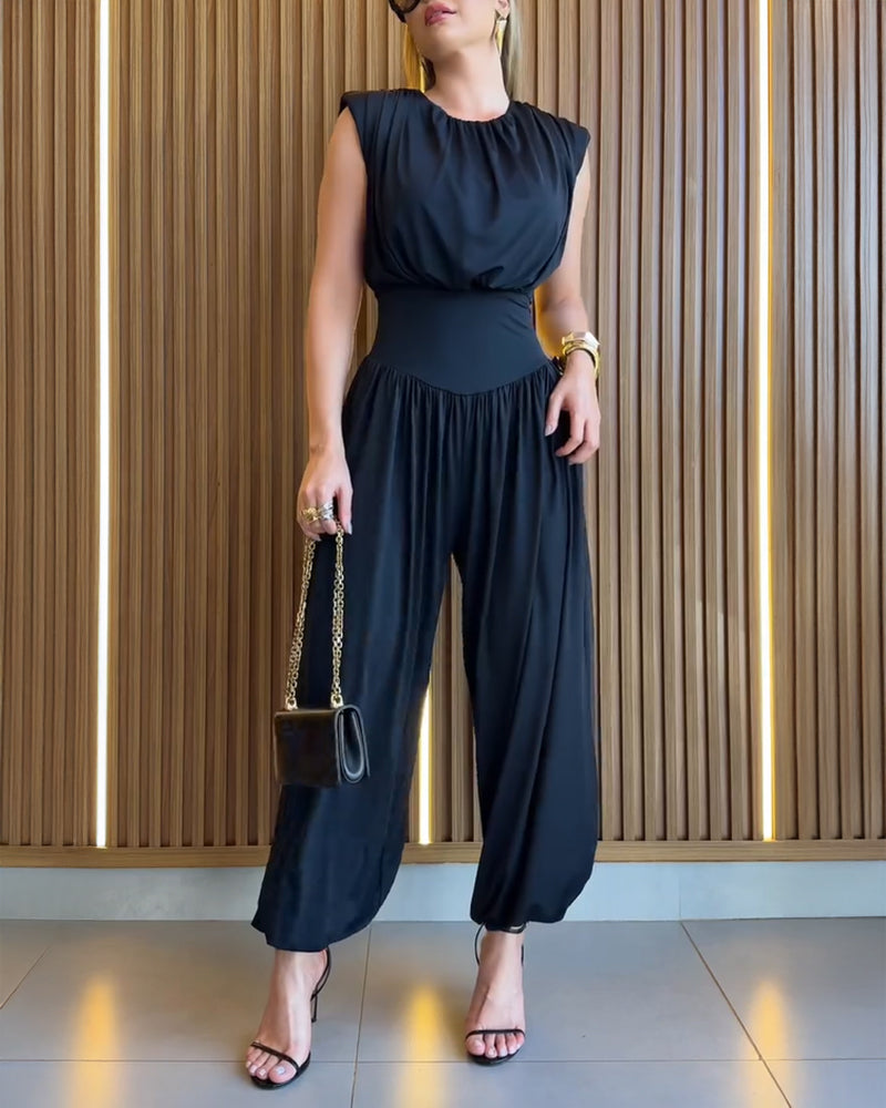 Padded Shoulder Sleeveless Jumpsuit with Cinched Waist and Side Slit