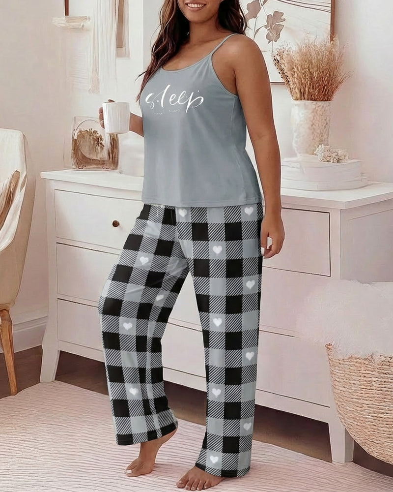 LA FINE FLEUR Eyelash Sleep Cami Top paired with Plaid Heart Pajamas set.