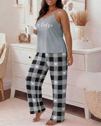 LA FINE FLEUR Eyelash Sleep Cami Top paired with Plaid Heart Pajamas set.