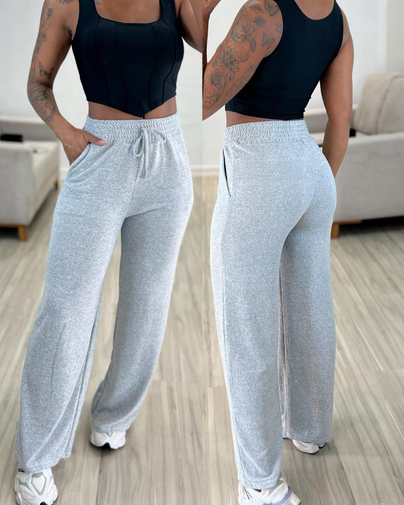High Waist Casual Pants with Elastic Drawstring