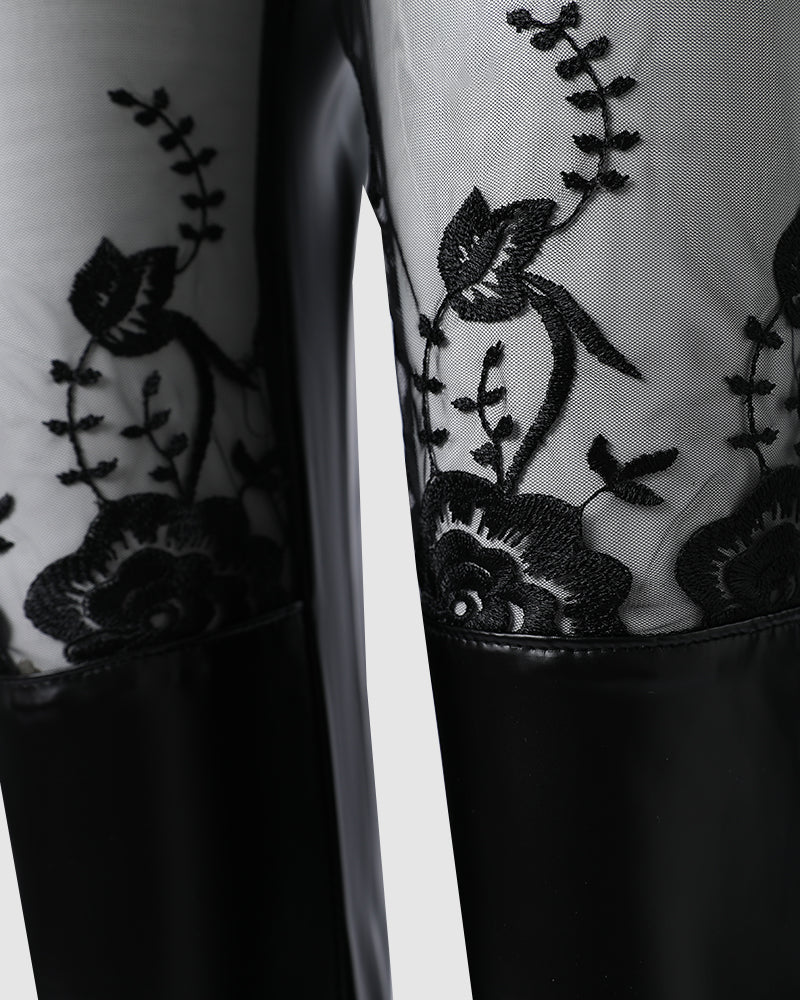 Contrast Lace Trim Faux Leather Slim Trousers