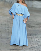 LA FINE FLEUR Skew Neck Lantern Sleeve Blouse paired with matching Wide Leg Pants set.
