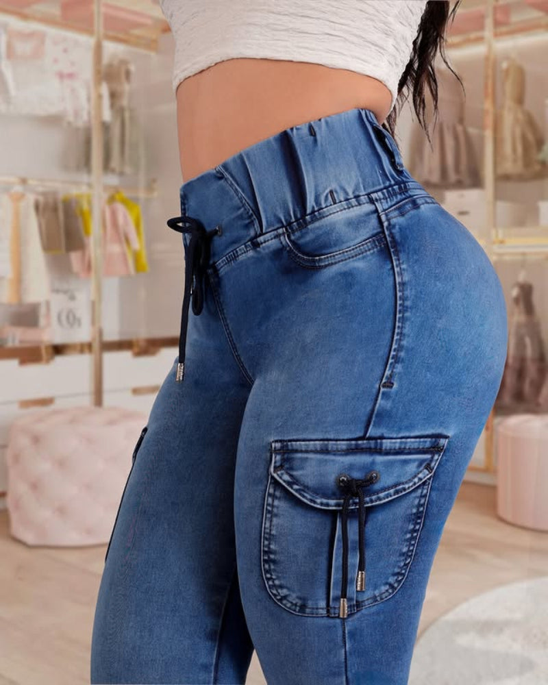 High-Waist Drawstring Capris with Pockets, Jeans Style