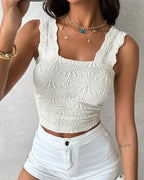 Floral Jacquard Square Neck Crop Top with Thick Straps