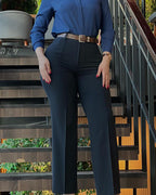 High Waist Straight Leg Trousers with Elastic Back